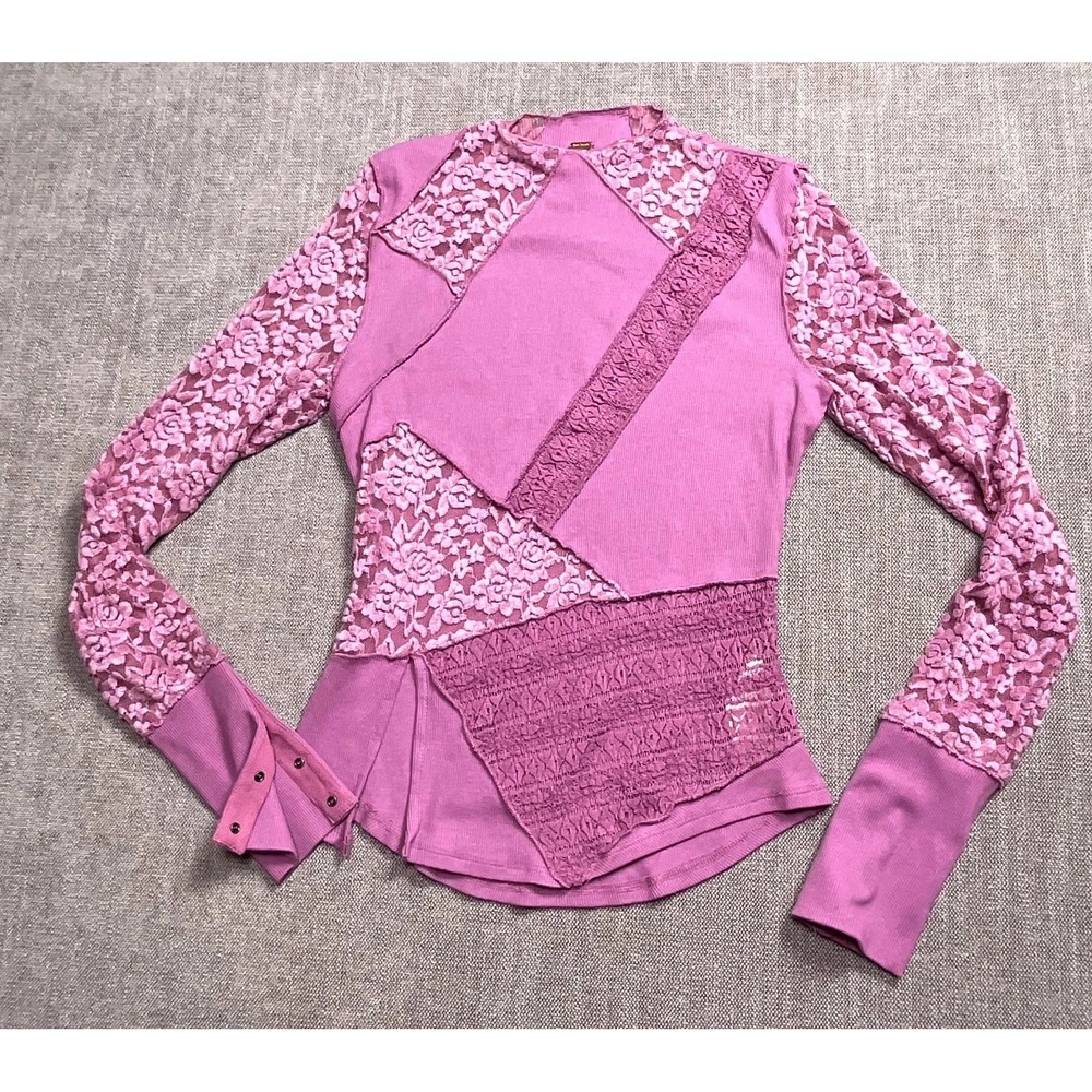 Free People First Frost Layering Top Womens Small Pink Lace Patchwork Side Slit